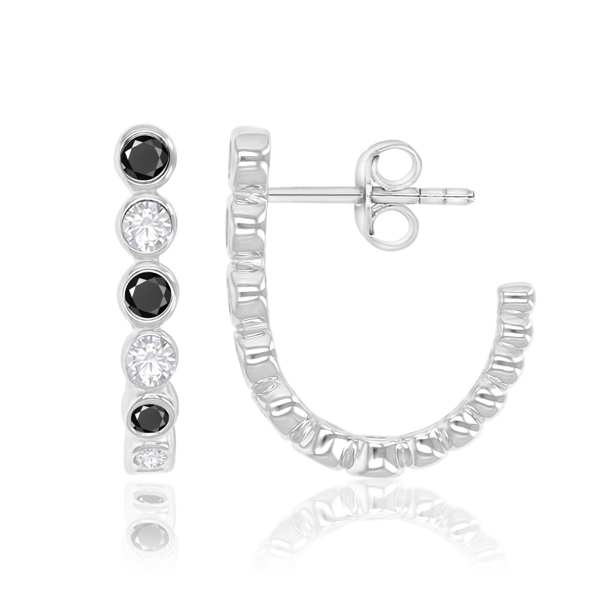 Sterling Silver Rhodium 3x17mm Black & White CZ Bezel Hoop Earrings