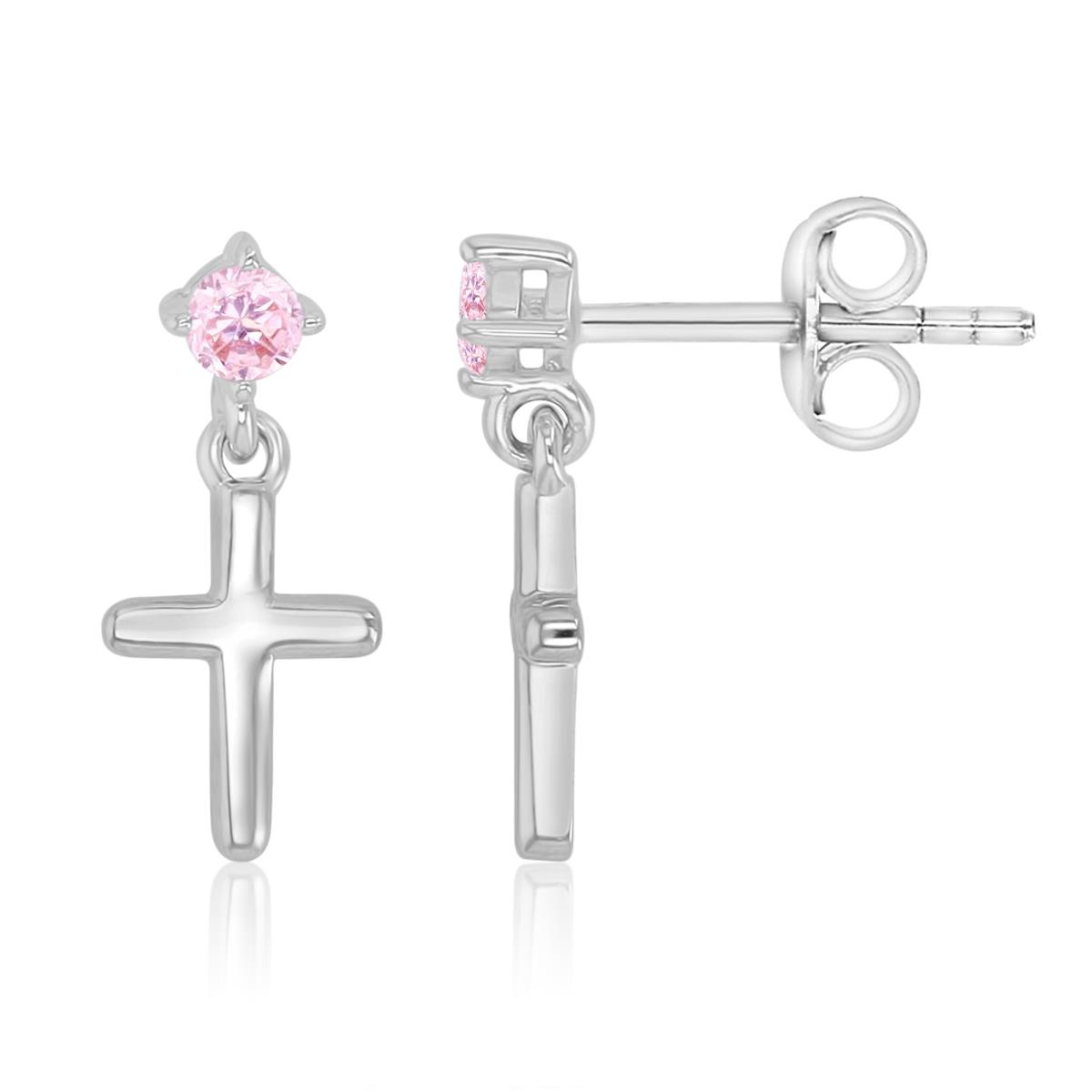 Sterling Silver Rhodium 6.5X15MM Pink CZ Cross Dangling Earring