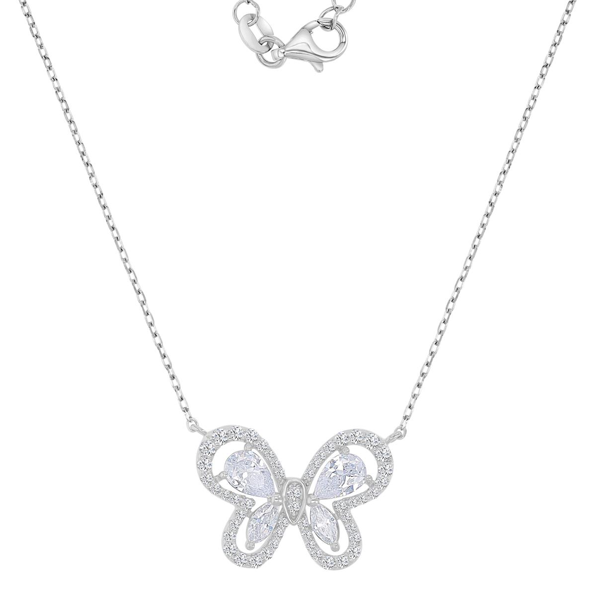 Sterling Silver Rhodium 14.5X21.5mm White CZ Butterfly 18+2" Necklace