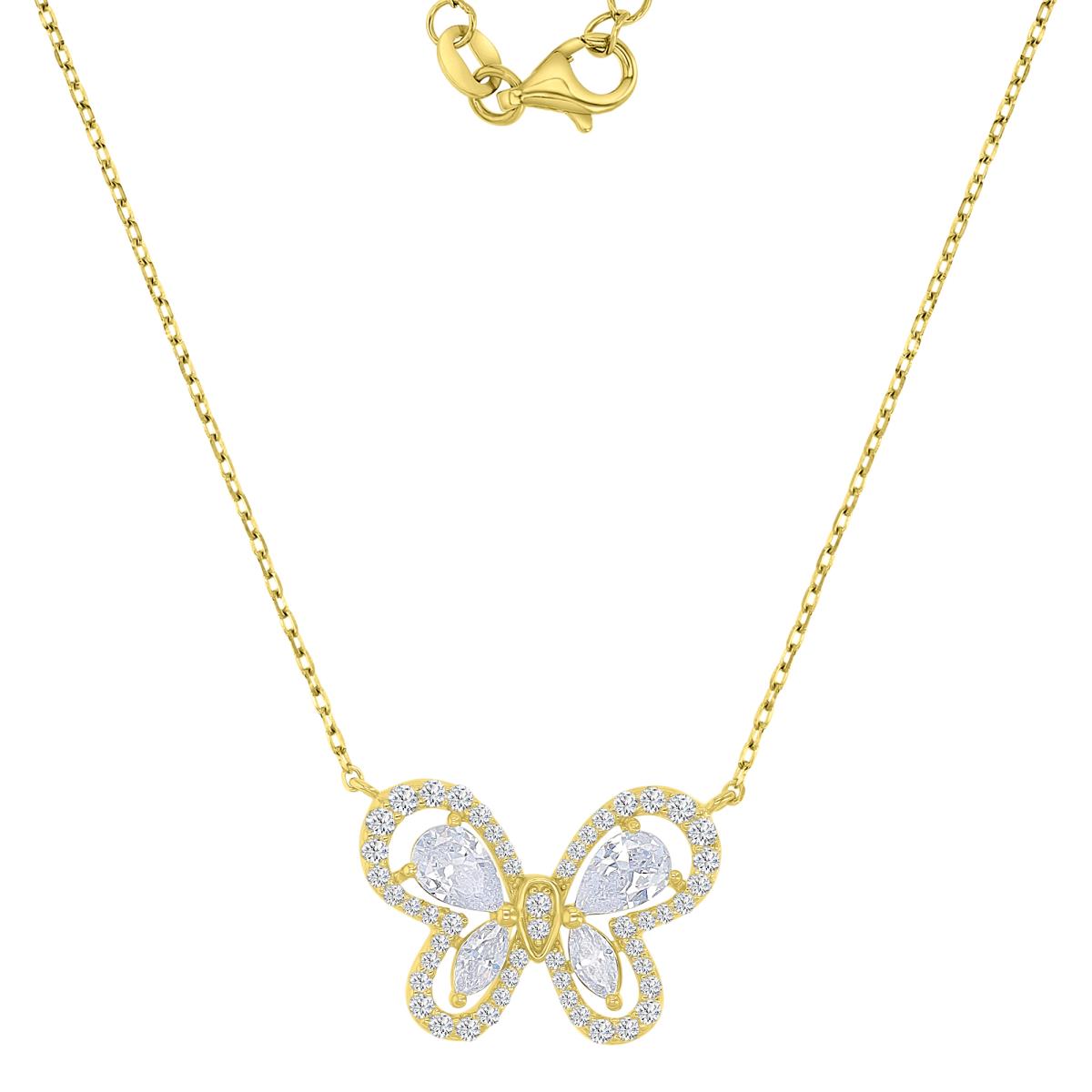 Sterling Silver Yellow 14.5X21.5mm White CZ Butterfly 18+2" Necklace
