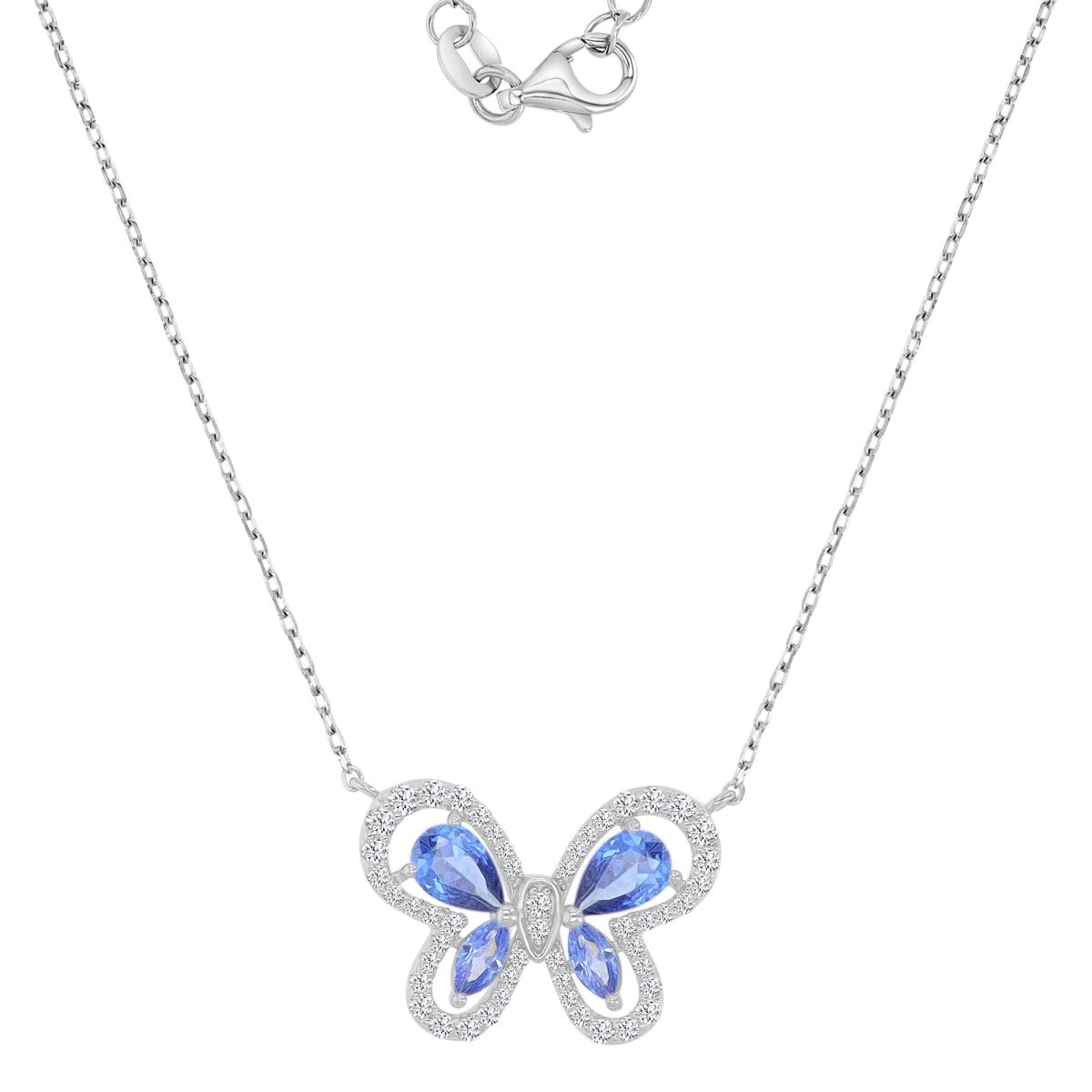 Sterling Silver Rhodium 14.5X21.5mm Tanzanite & White CZ Butterfly 18+2" Necklace