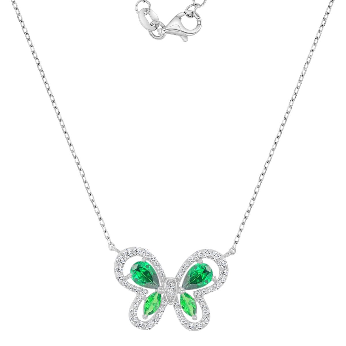 Sterling Silver Rhodium 14.5X21.5mm Green & White CZ Butterfly 18+2" Necklace