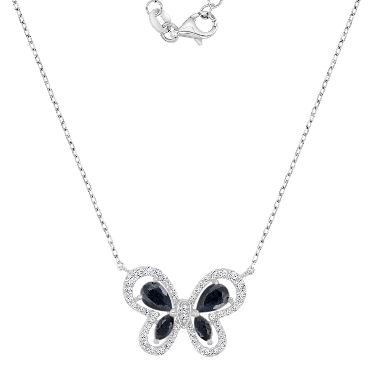 Sterling Silver Rhodium 14.5X21.5mm Black Spinel & Created White Sapphire Butterfly 18+2" Necklace