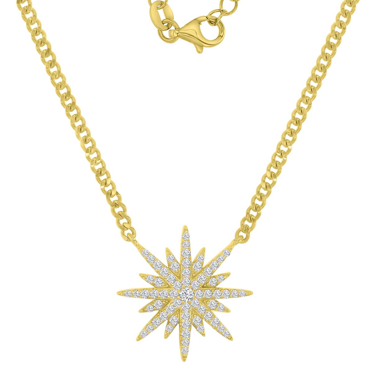 Sterling Silver Yellow 19X19MM White CZ Starburst 18+2" Necklace