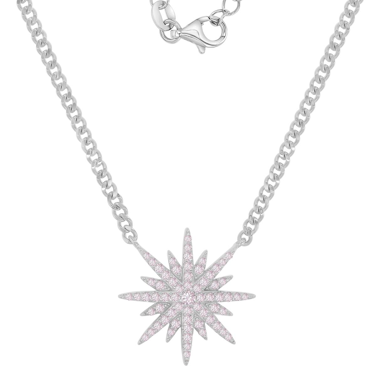 Sterling Silver Rhodium 19X19MM Pink CZ Starburst 18+2" Necklace