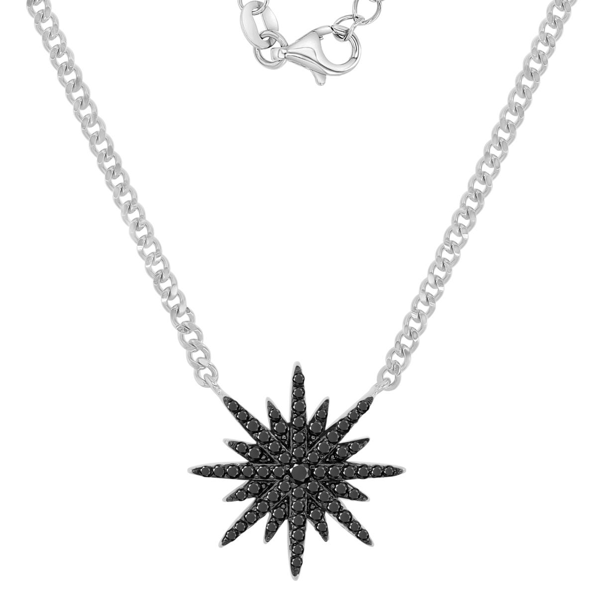 Sterling Silver Black & White 19X19MM Black Spinel Starburst 18+2" Necklace
