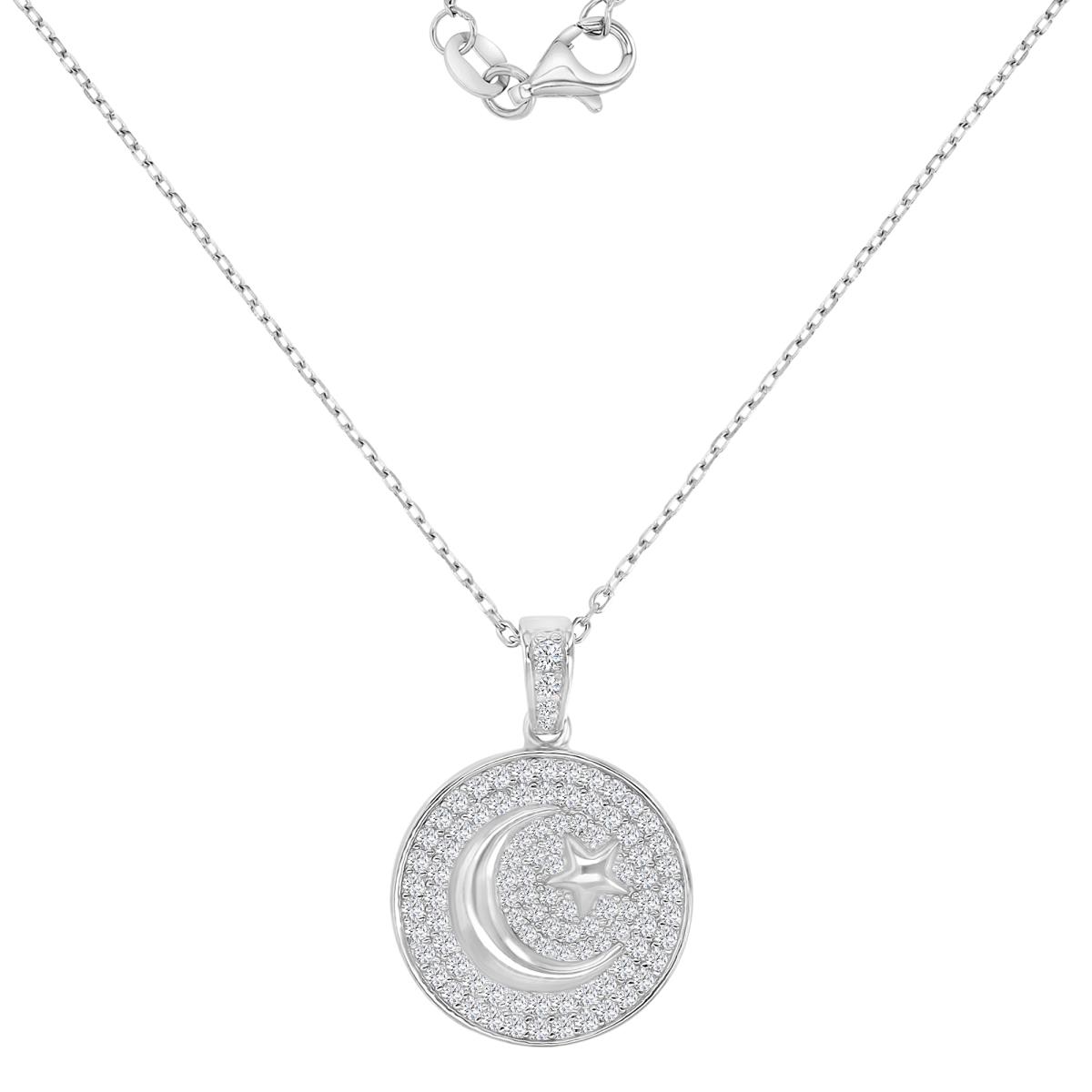 Sterling Silver Rhodium 16.4X24MM White CZ Pave Moon & Star 18+2" Necklace