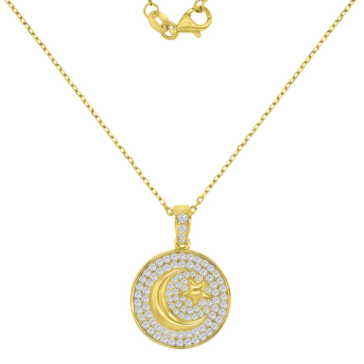 Sterling Silver Yellow 16.4X24MM White CZ Pave Moon & Star 18+2" Necklace