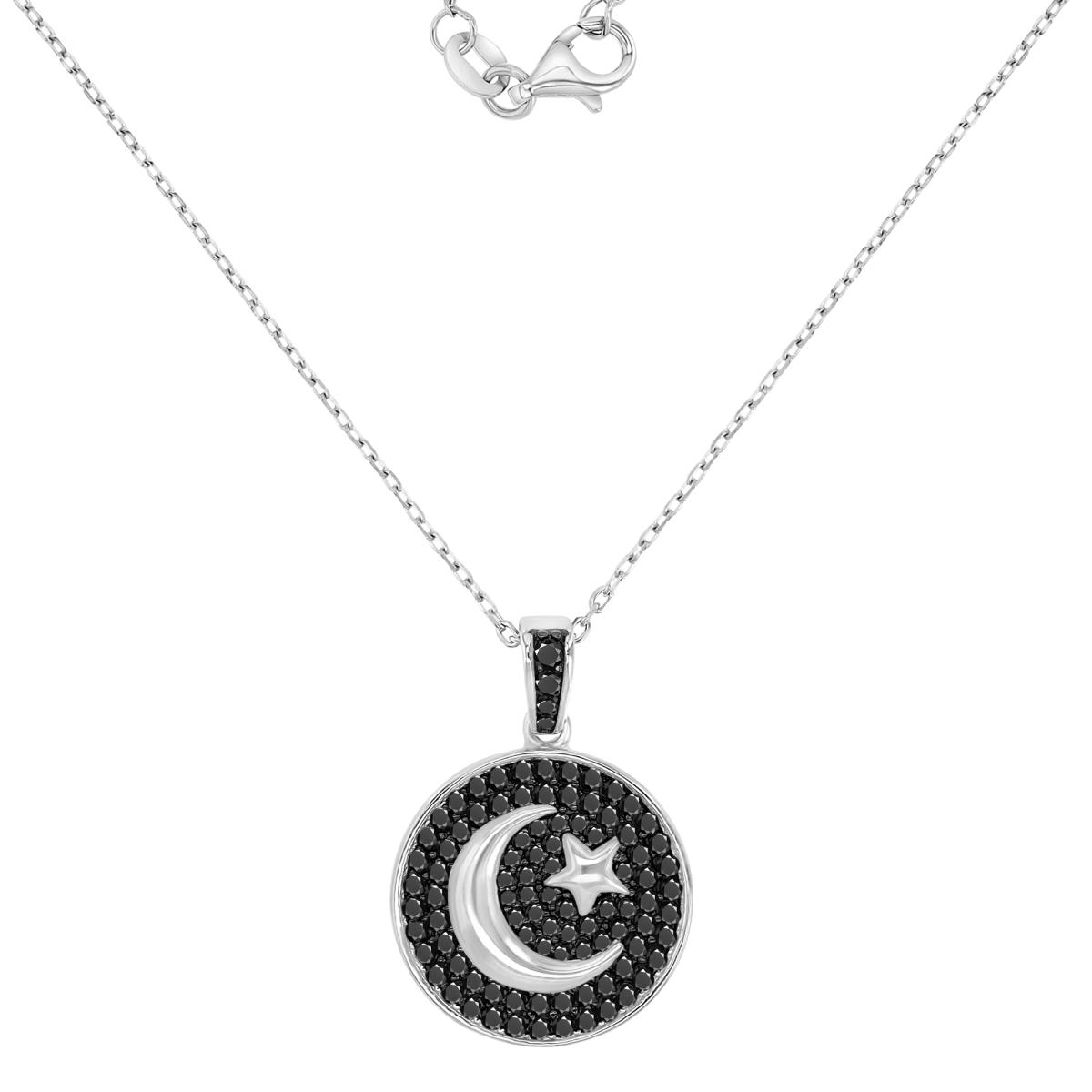 Sterling Silver Black & White 16.4X24MM Black Spinel Pave Moon & Star 18+2" Necklace