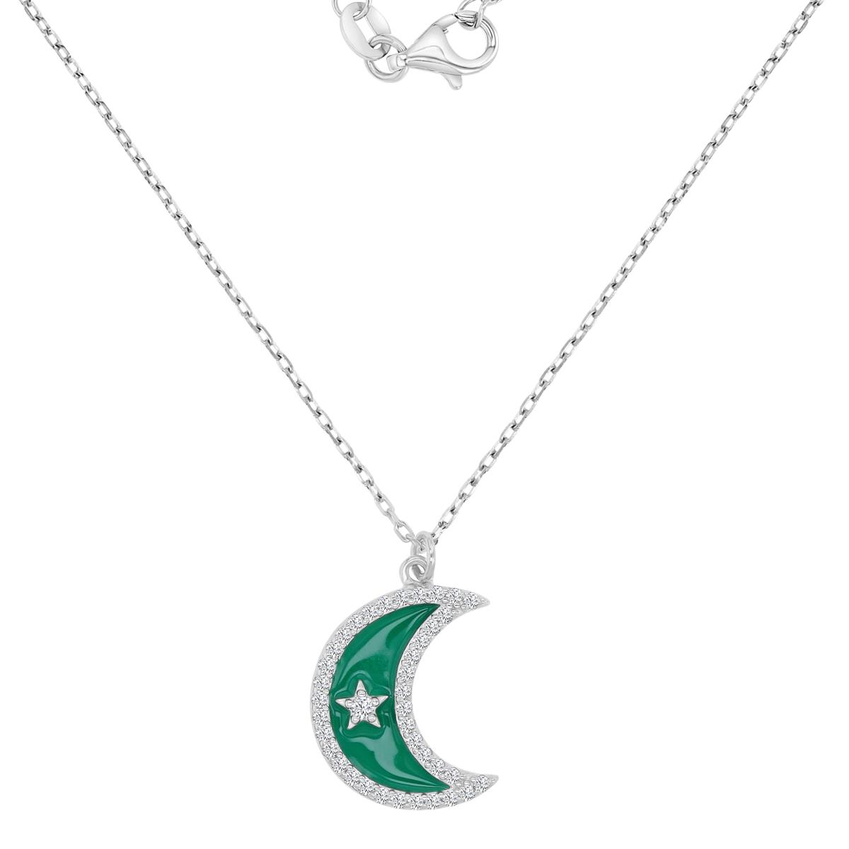 Sterling Silver Rhodium 13X17.5MM White CZ & Green Enamel Moon & Star 18+2" Necklace