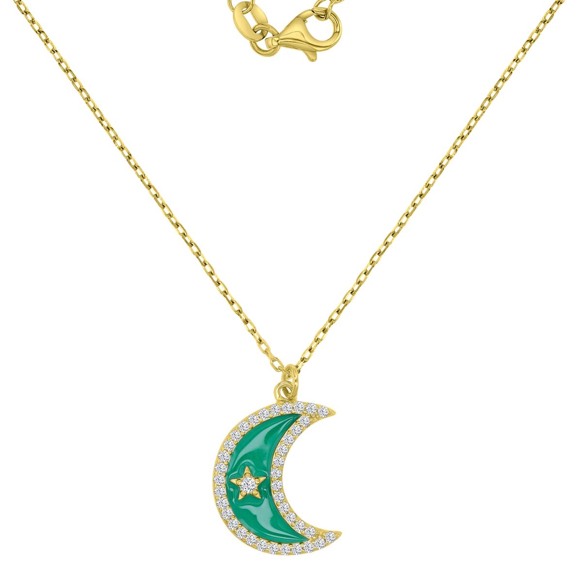 Sterling Silver Yellow 13X17.5MM White CZ & Green Enamel Moon & Star 18+2" Necklace