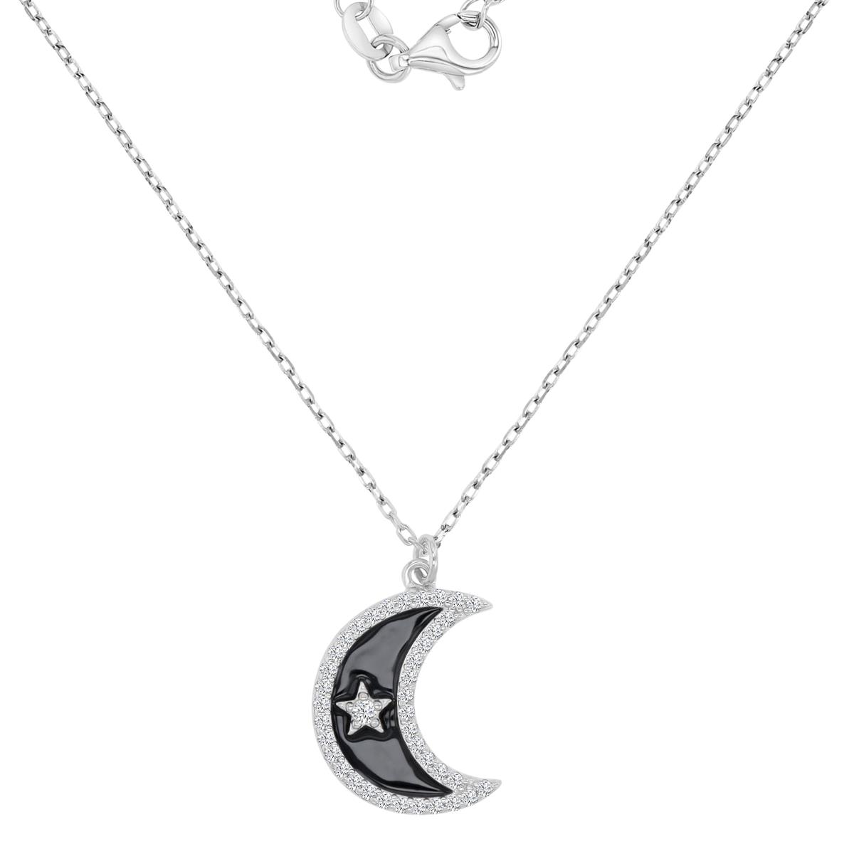 Sterling Silver Rhodium 13X17.5MM Created White Sapphire & Black Enamel Moon & Star 18+2" Necklace