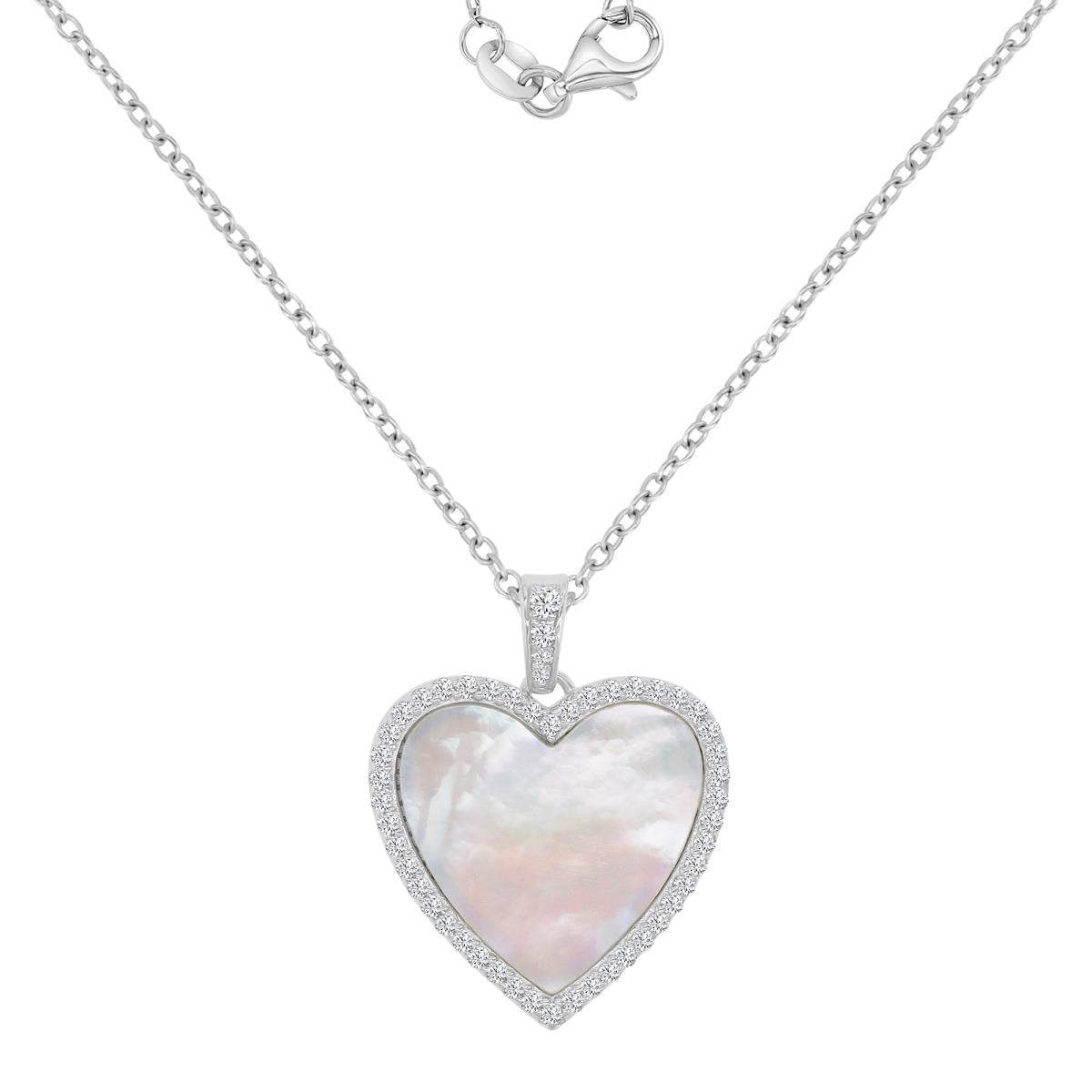 Sterling Silver Rhodium 20X26MM White CZ & MOP Dangling Heart 18+2" Necklace