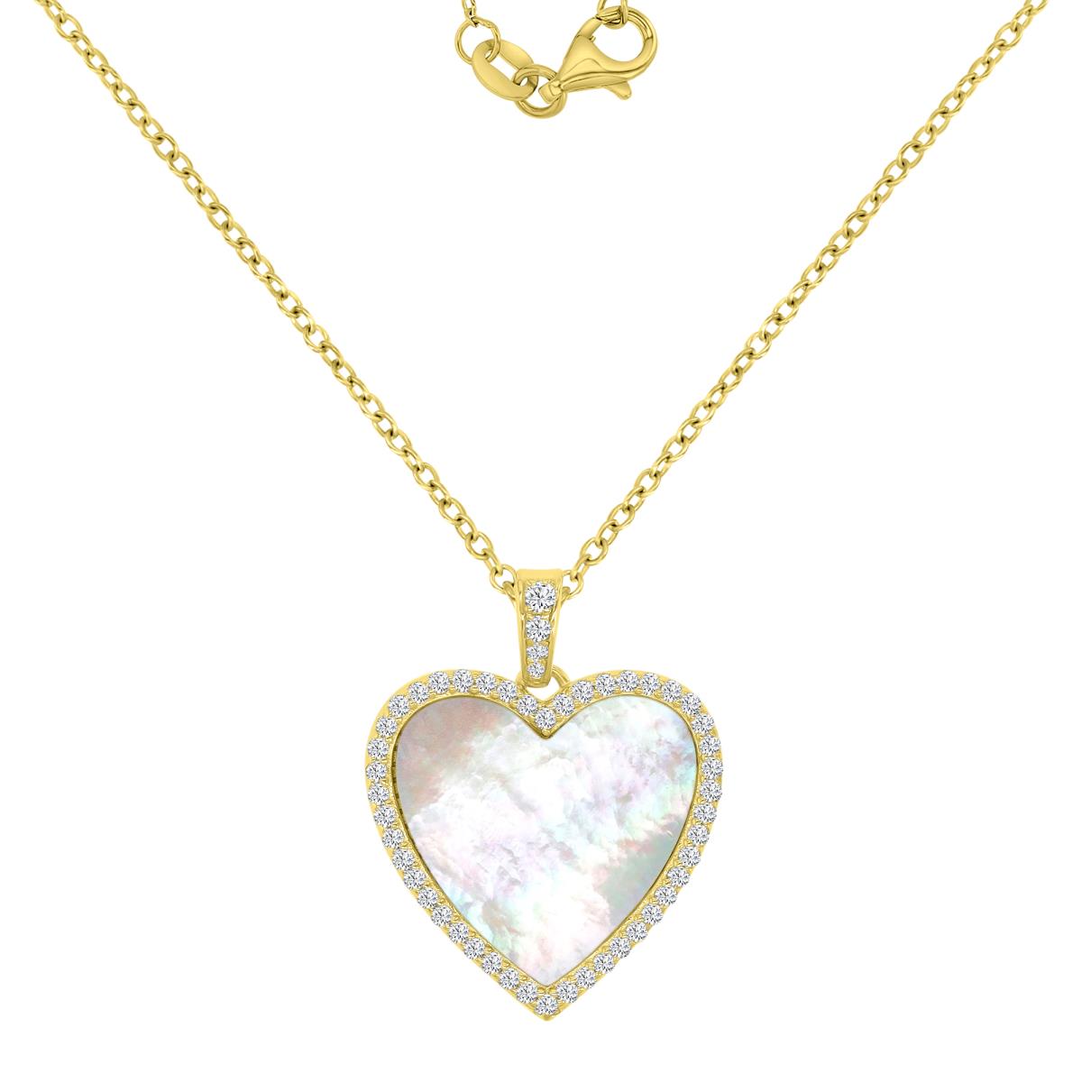 Sterling Silver Yellow 20X26MM White CZ & MOP Dangling Heart 18+2" Necklace