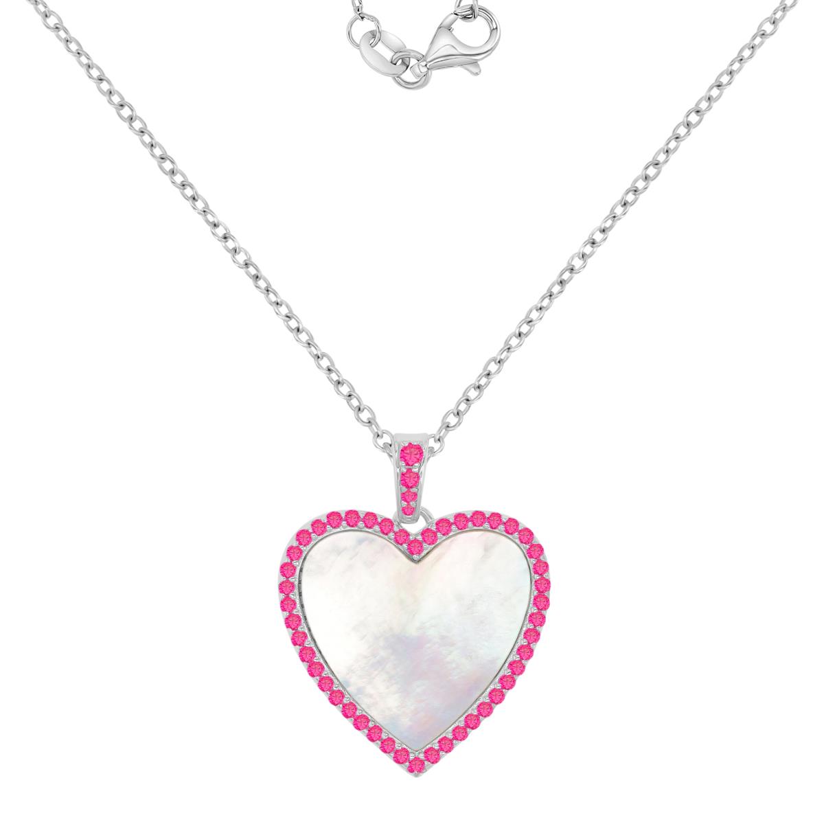 Sterling Silver Rhodium 20X26MM Created Ruby & MOP Dangling Heart 18+2" Necklace
