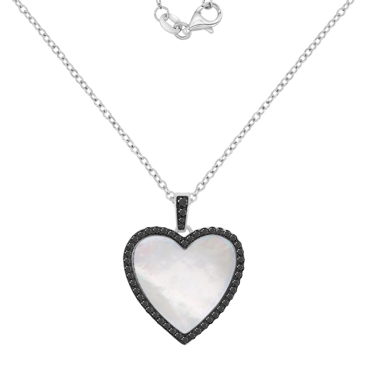Sterling Silver Black & White 20X26MM Black Spinel & MOP Dangling Heart 18+2" Necklace