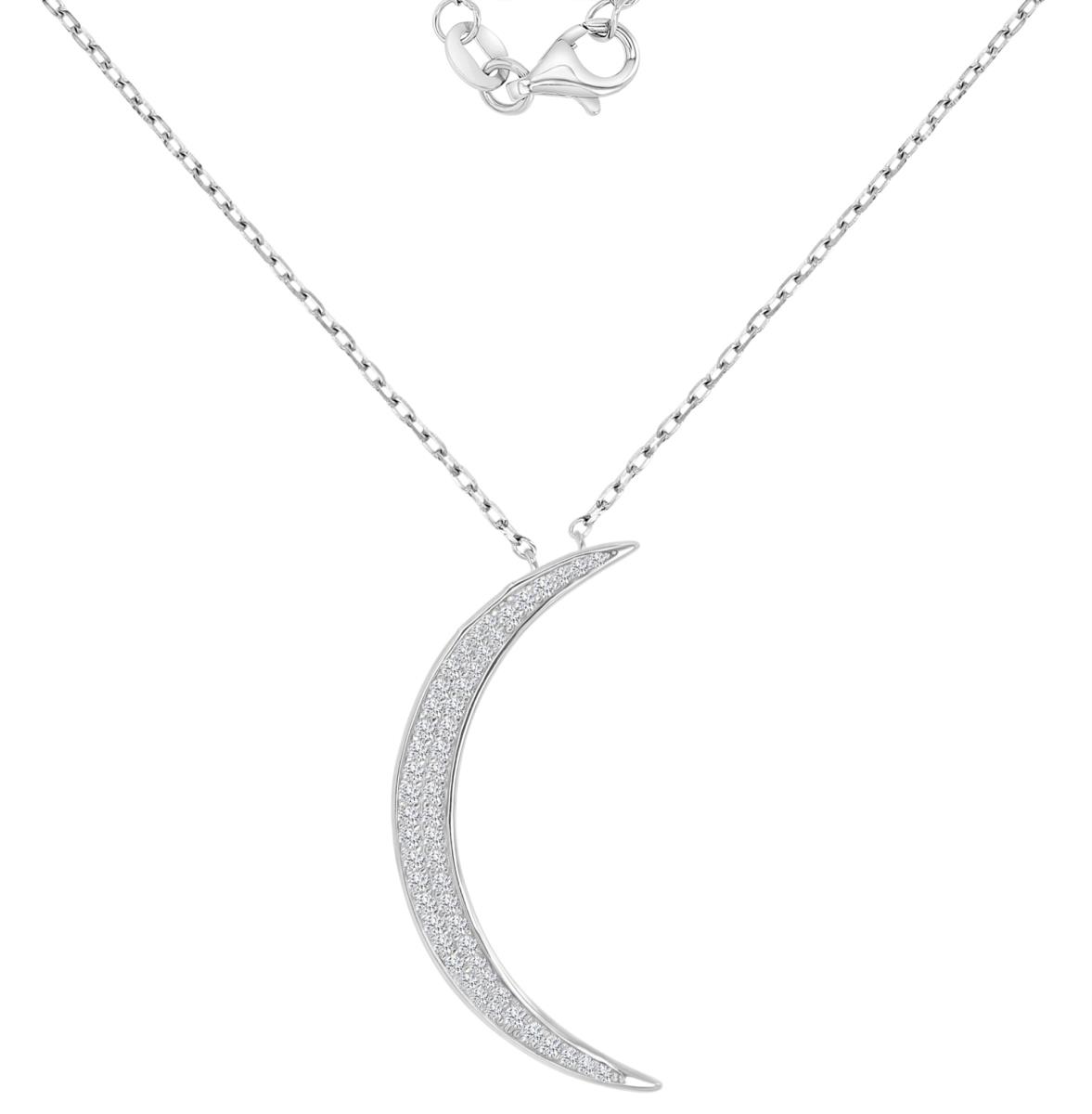 Sterling Silver Rhodium 14.7X33.5mm White CZ Pave Crescent Moon 18+2" Necklace