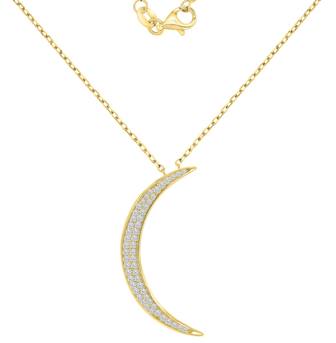 Sterling Silver Yellow 14.7X33.5mm White CZ Pave Crescent Moon 18+2" Necklace