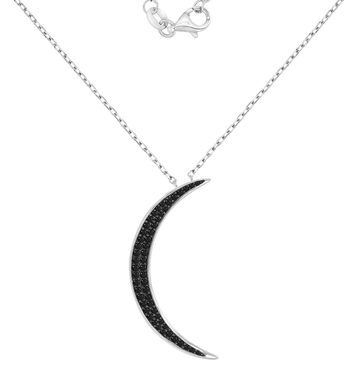 Sterling Silver Black & White 14.7X33.5mm Black Spinel Pave Crescent Moon 18+2" Necklace