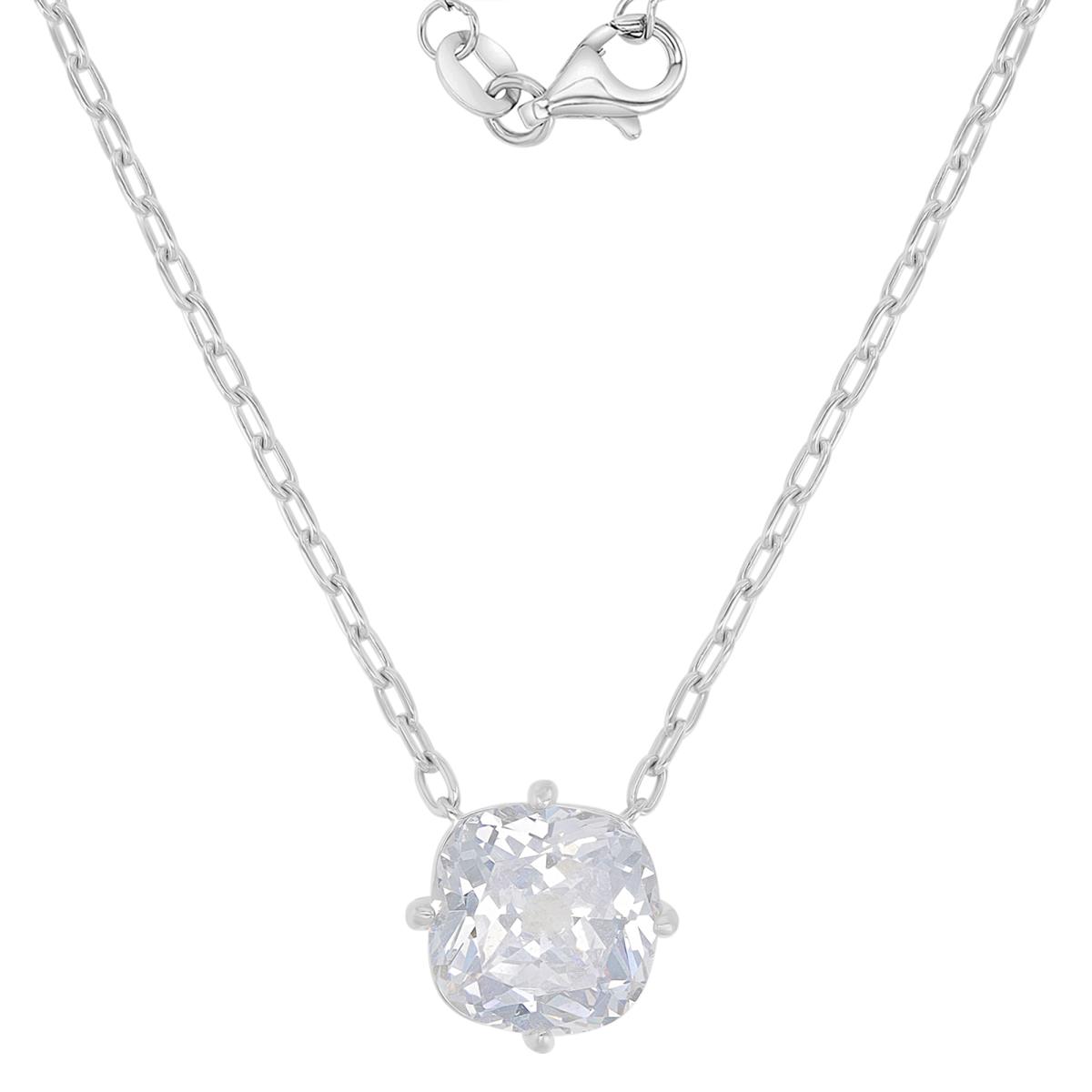 Sterling Silver Rhodium 14X14MM Cusion Cut White CZ 18+2" Necklace