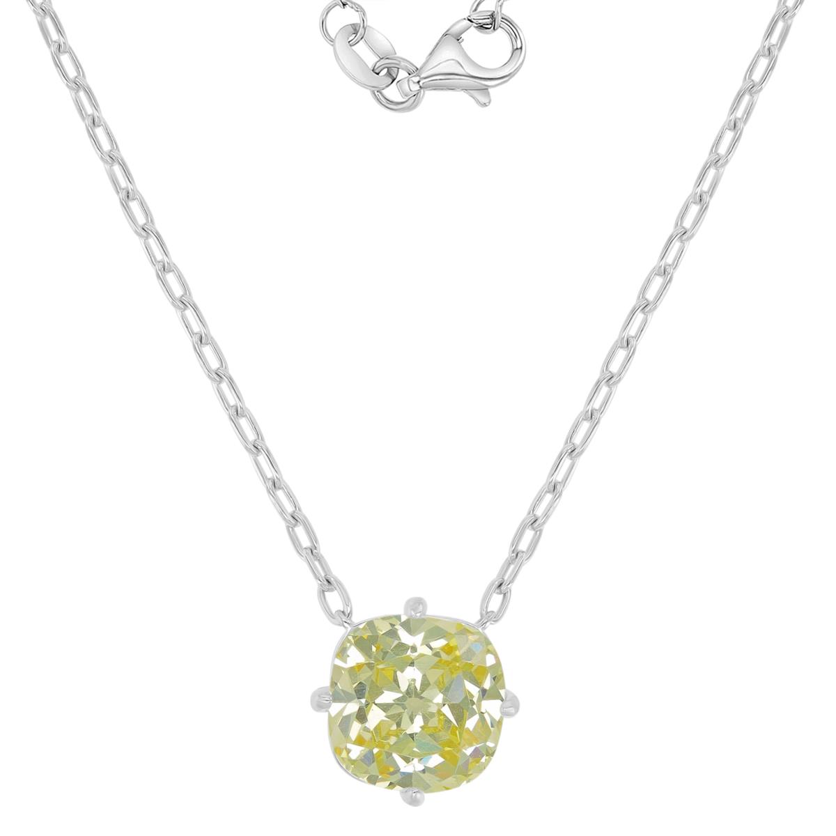 Sterling Silver Rhodium 14X14MM Cusion Cut Canary Yellow CZ 18+2" Necklace