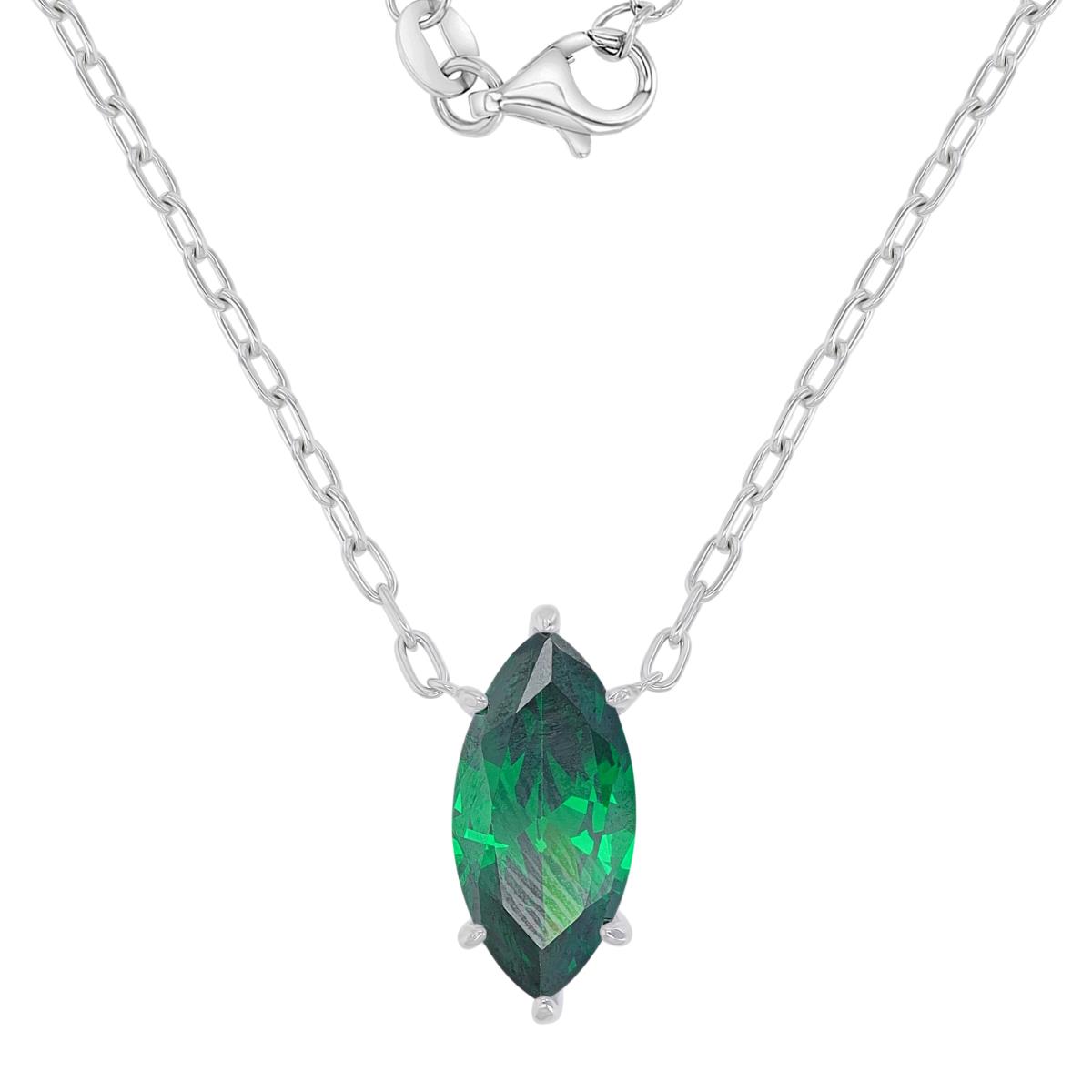 Sterling Silver Rhodium 10.5X20.5MM Marquise Shape Green CZ 18+2" Necklace