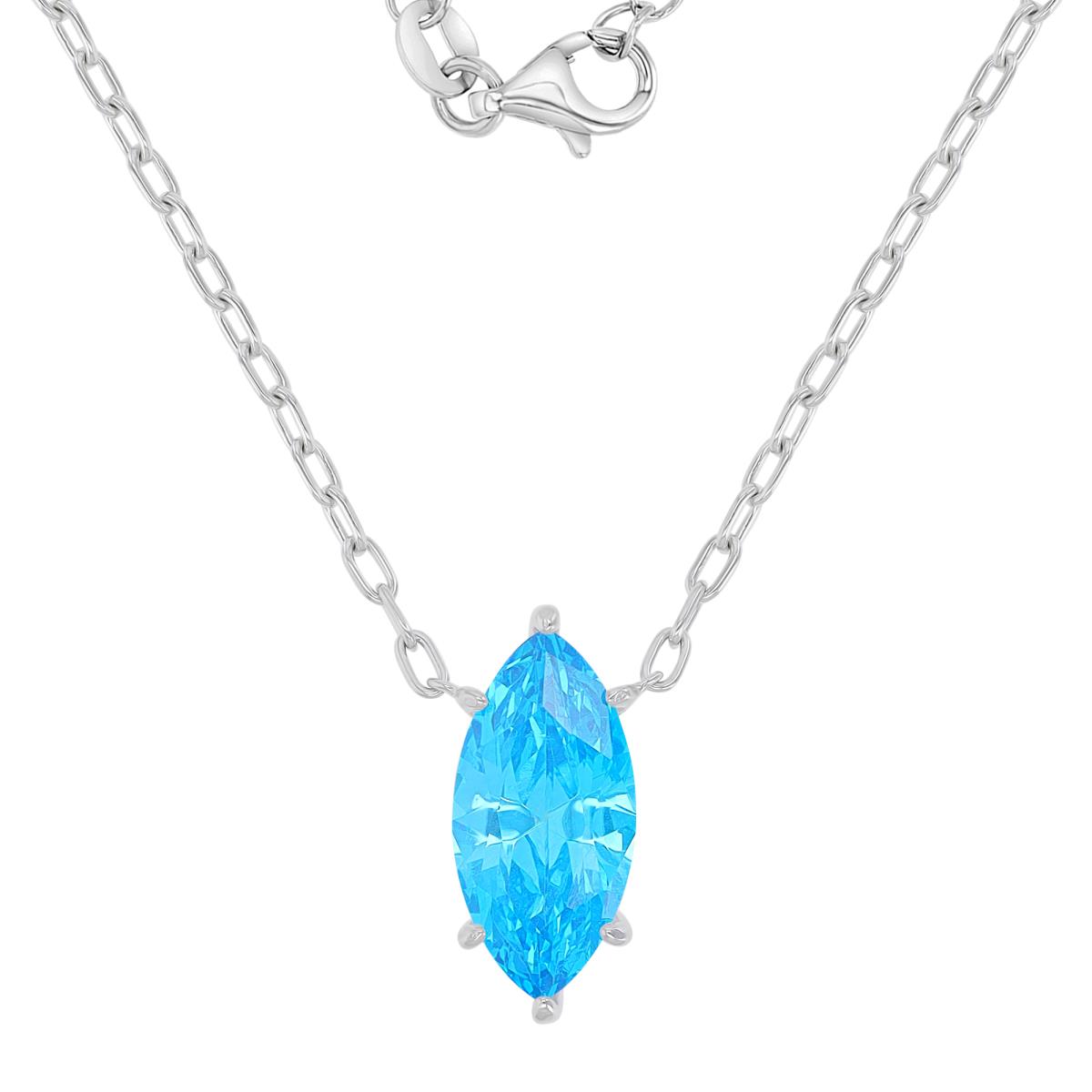 Sterling Silver Rhodium 10.5X20.5MM Marquise Shape Aqua Blue CZ 18+2" Necklace