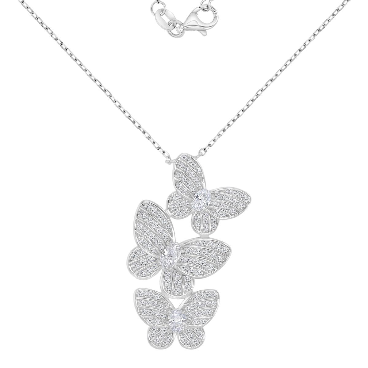 Sterling Silver Rhodium 18.5X34.5MM White CZ Triple Butterfly 16+2" Necklace