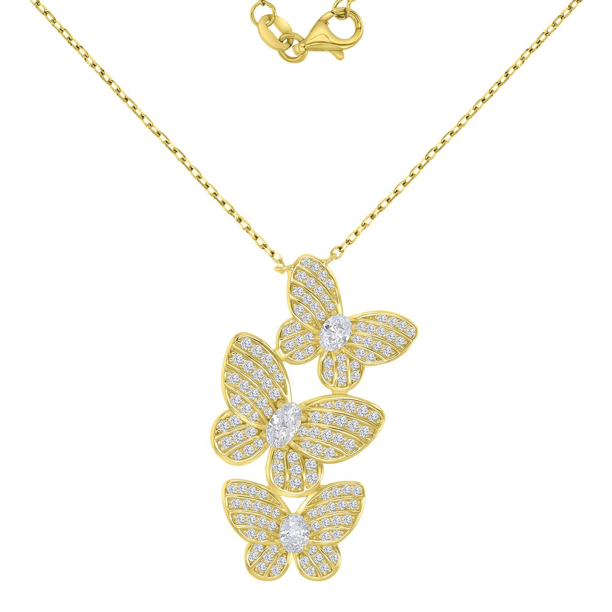 Sterling Silver Yellow 18.5X34.5MM White CZ Triple Butterfly 16+2" Necklace