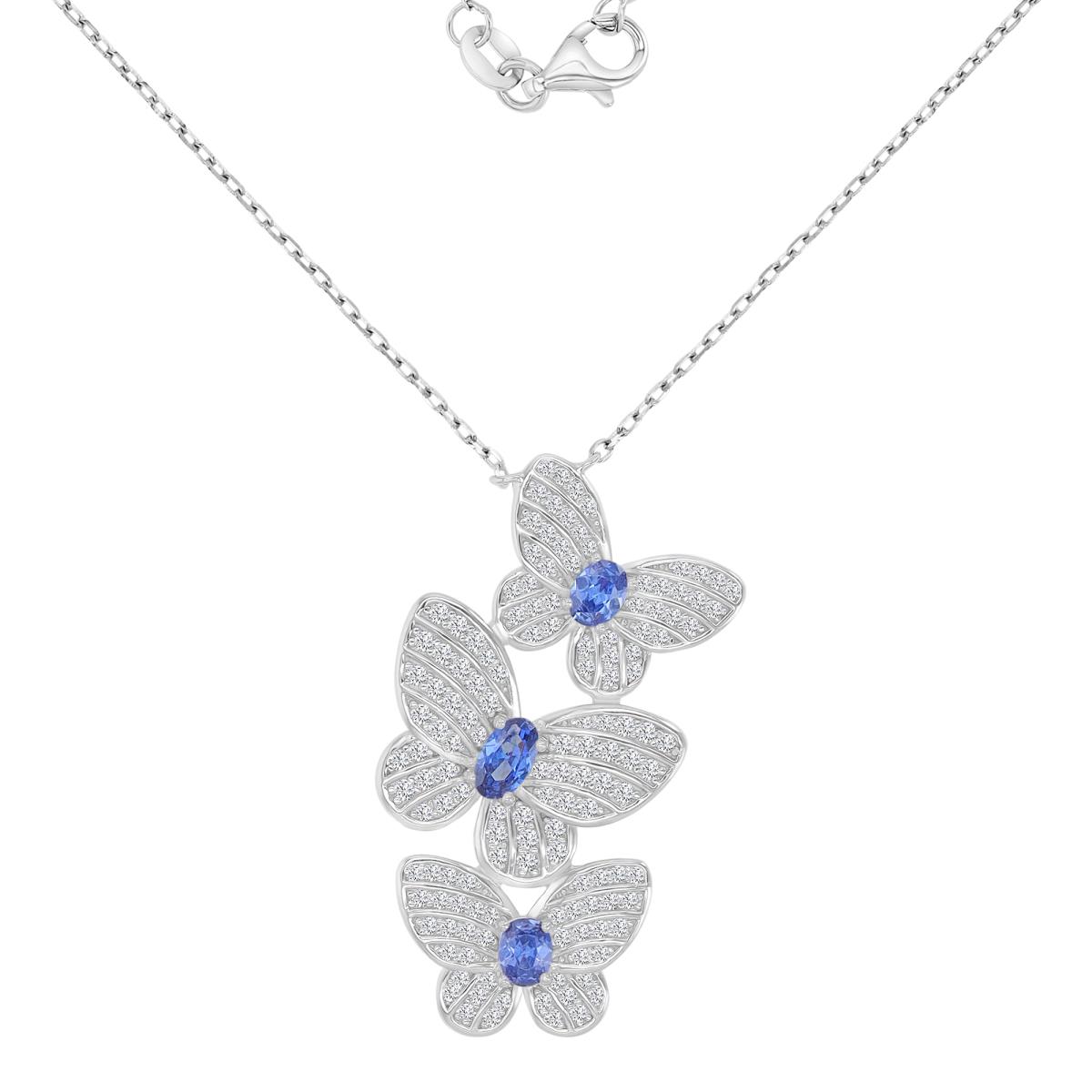 Sterling Silver Rhodium 18.5X34.5MM Tanzanite & White CZ Triple Butterfly 16+2" Necklace
