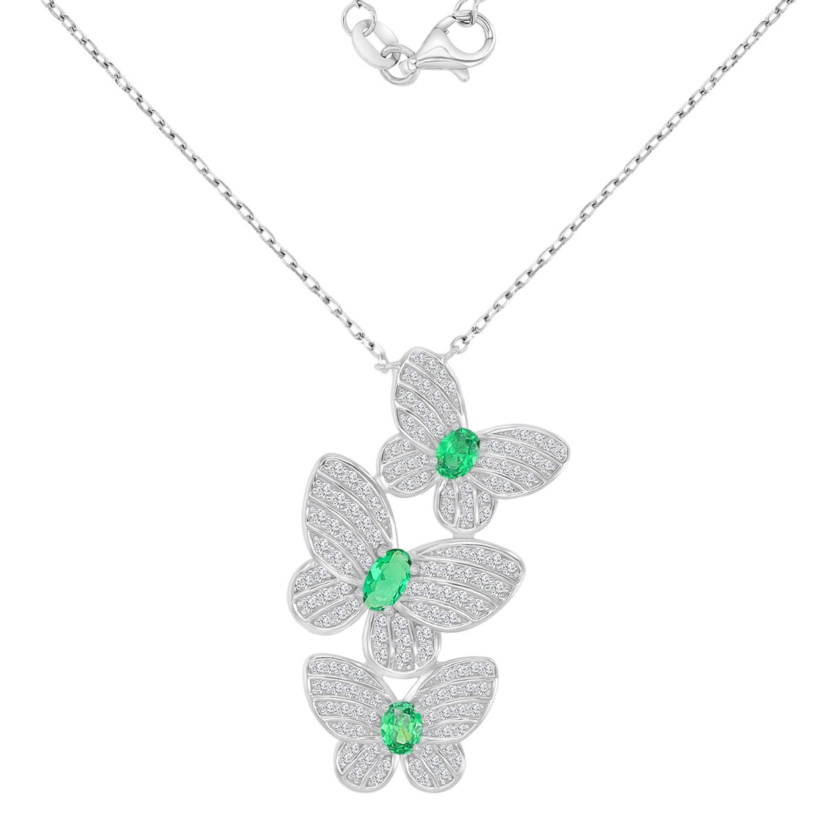 Sterling Silver Rhodium 18.5X34.5MM Green & White CZ Triple Butterfly 16+2" Necklace