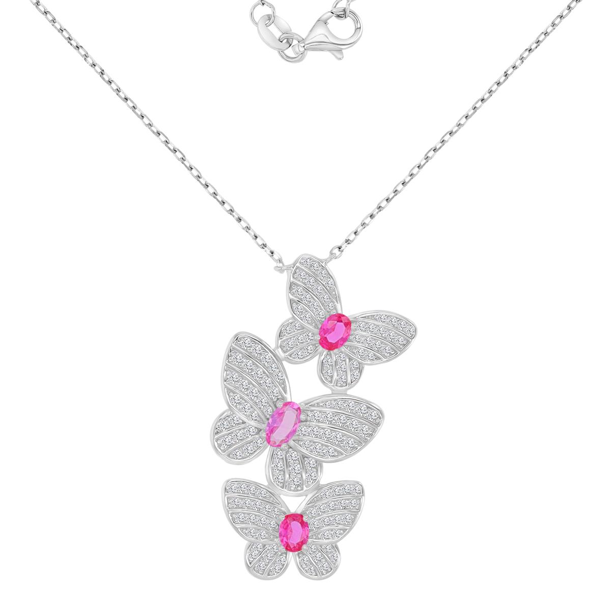 Sterling Silver Rhodium 18.5X34.5MM Created Pink & White Sapphire Triple Butterfly 16+2" Necklace