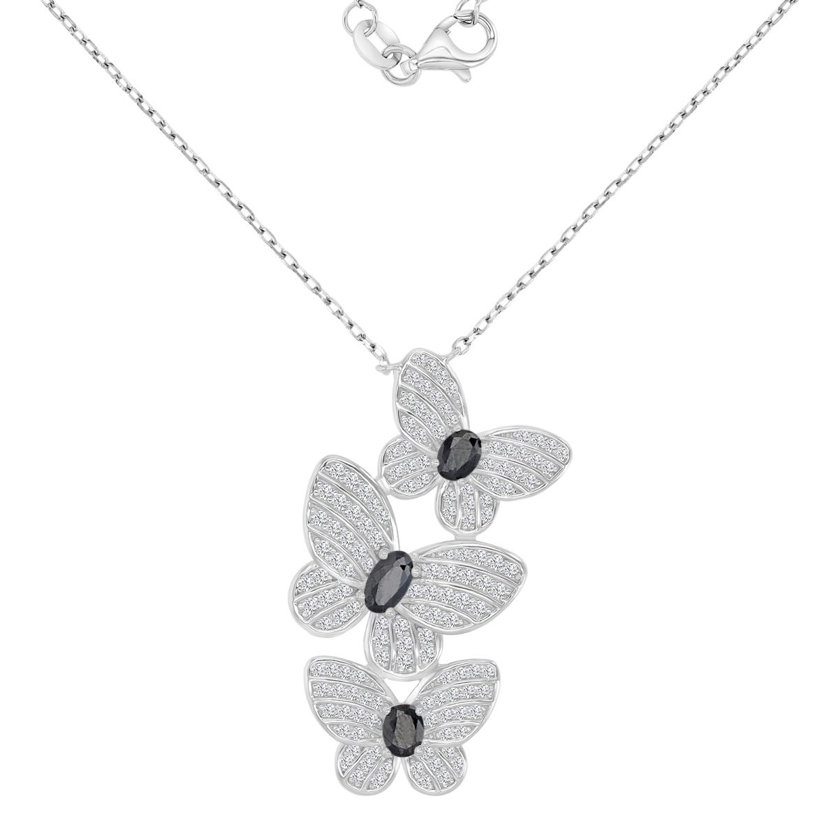 Sterling Silver Rhodium 18.5X34.5MM Black Spinel & Created White Sapphire Triple Butterfly 16+2" Necklace