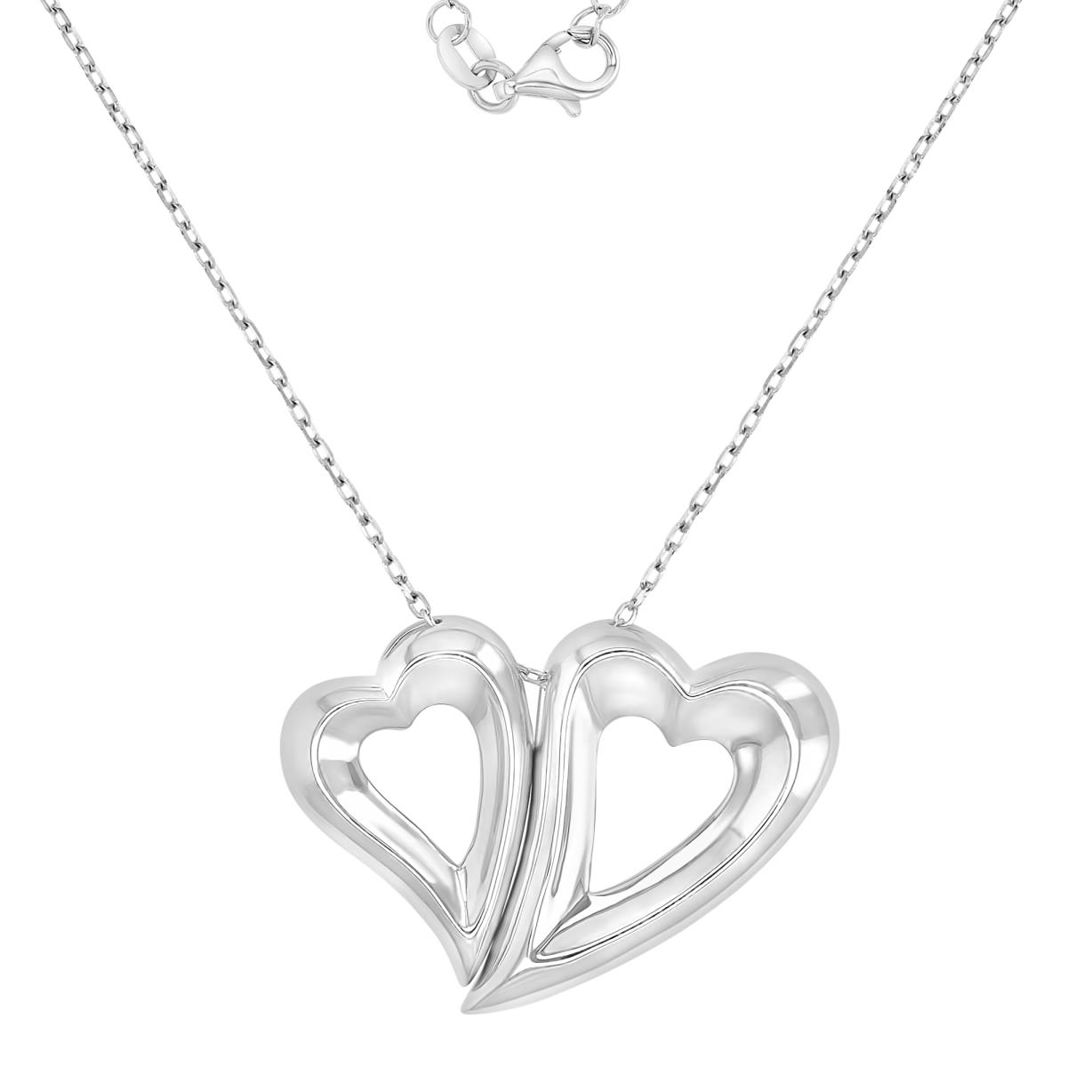 Sterling Silver Rhodium 23X31MM Dangling Double Hearts 16+2" Necklace