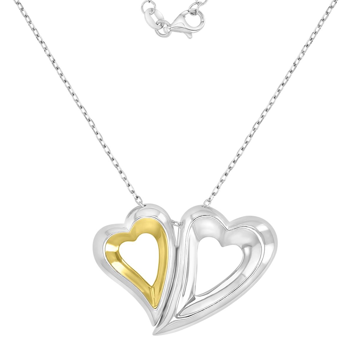 Sterling Silver Yellow & White 23X31MM Dangling Double Hearts 16+2" Necklace