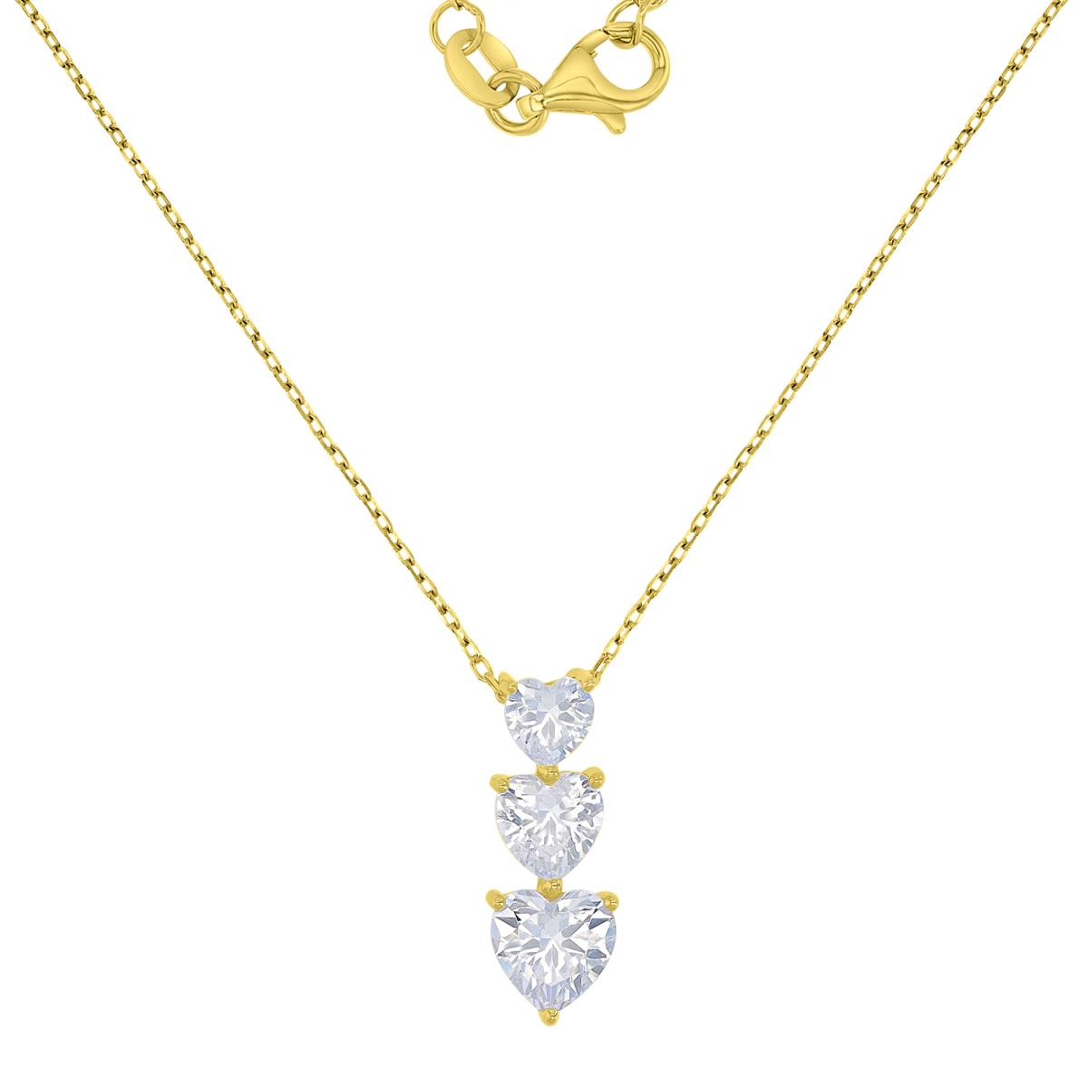 Sterling Silver Yellow 7.5X19.7MM White CZ Triple Heart Dangling 16+2" Necklace
