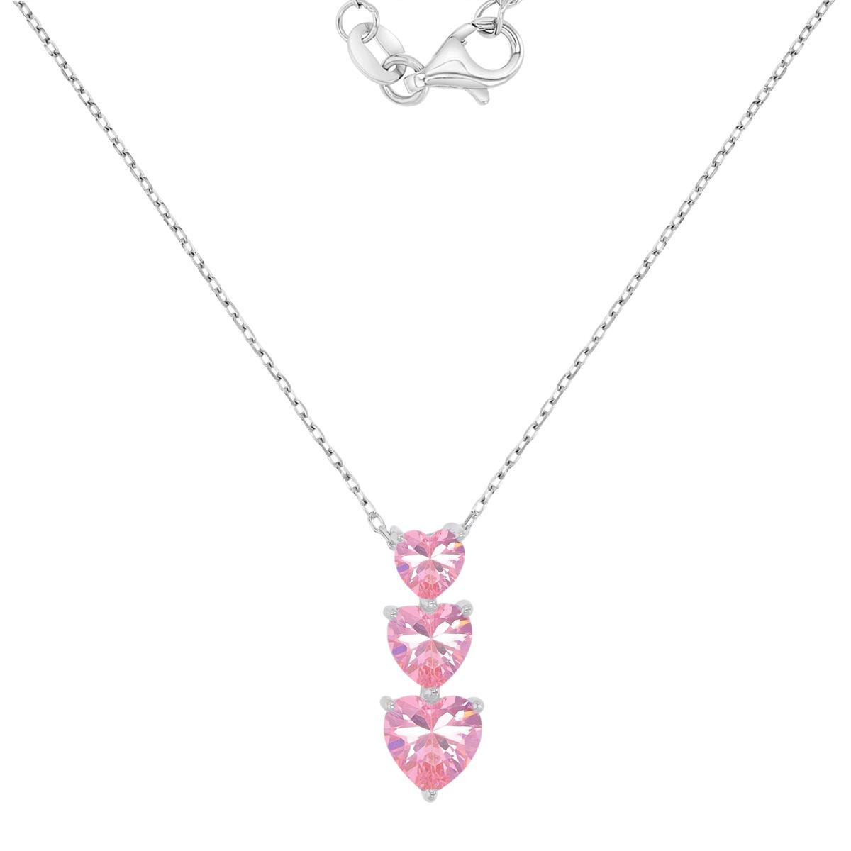 Sterling Silver Rhodium 7.5X19.7MM Pink CZ Triple Heart Dangling 16+2" Necklace
