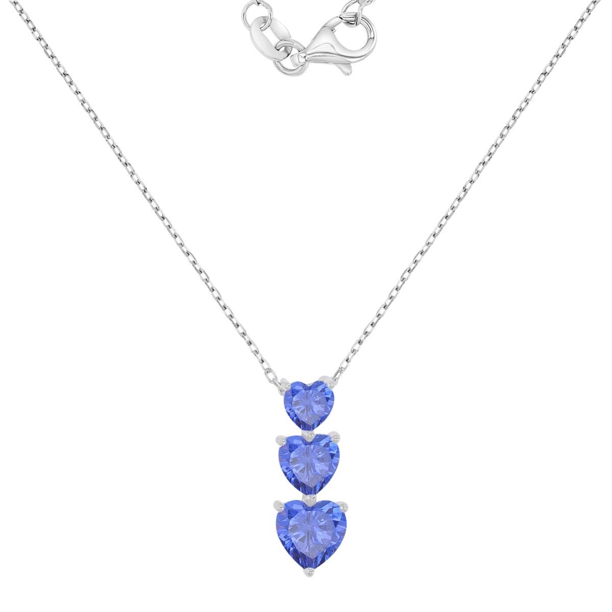 Sterling Silver Rhodium 7.5X19.7MM Tanzanite Triple Heart Dangling 16+2" Necklace