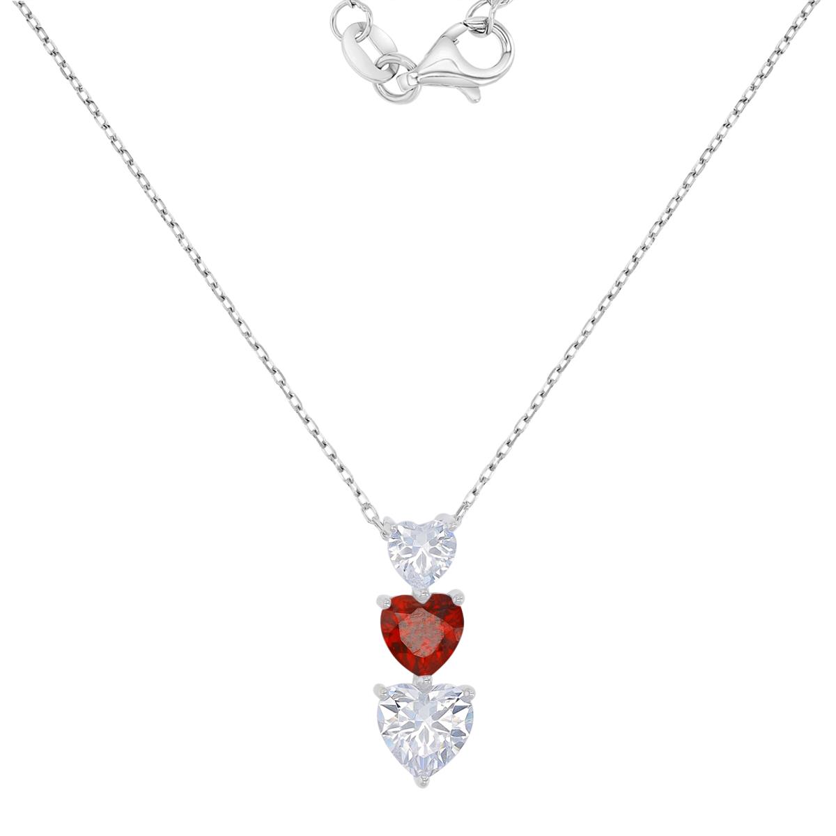 Sterling Silver Rhodium 7.5X19.7MM Created Ruby & White Sapphire Triple Heart Dangling 16+2" Necklace