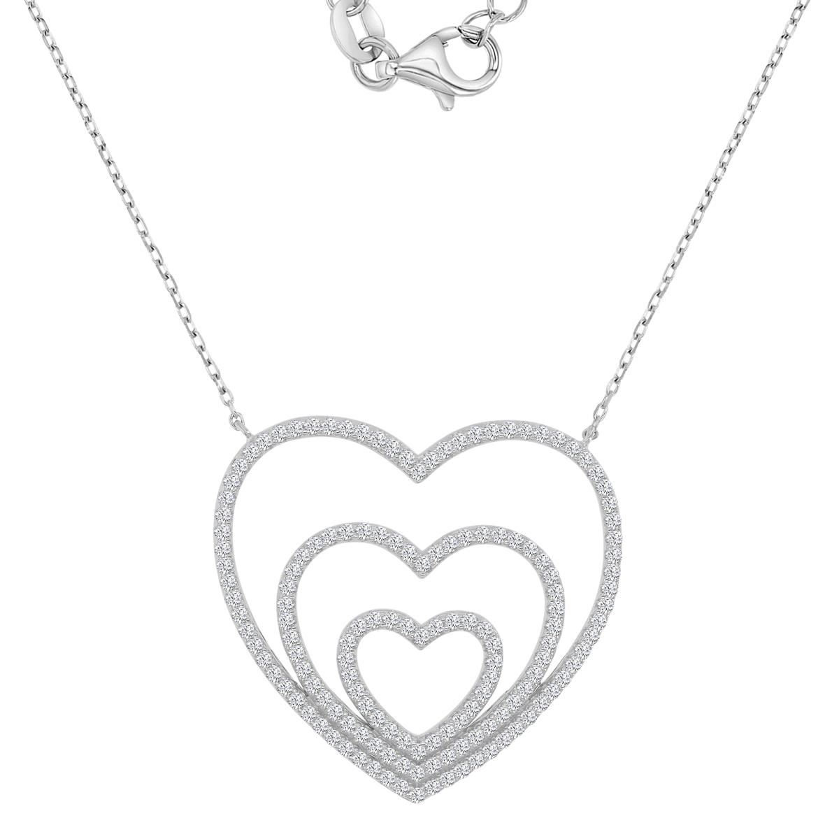Sterling Silver Rhodium 31.5X33.4MM White CZ Heart Layer Dangling 16+2" Necklace