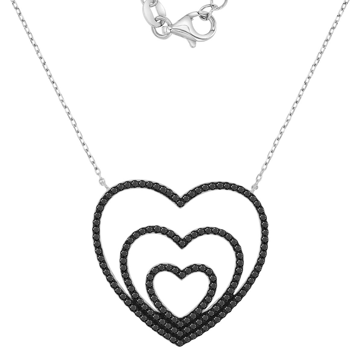 Sterling Silver Black & White 31.5X33.4MM Black Spinel Heart Layer Dangling 16+2" Necklace