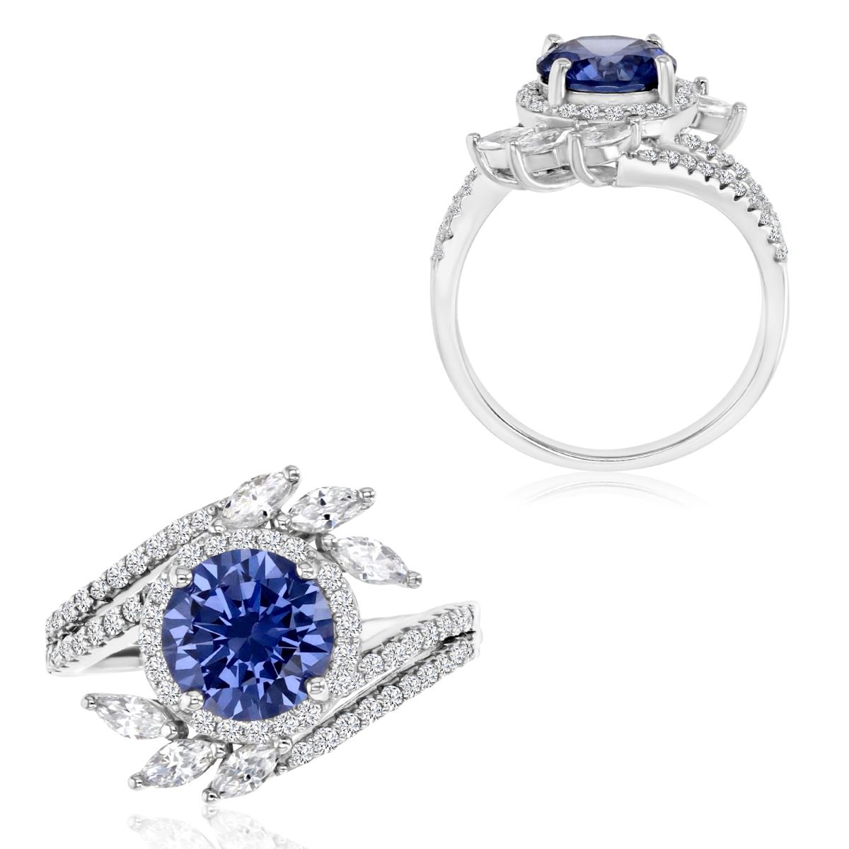Sterling Silver Rhodium 15X7MM Polished Tanzanite & White CZ Pave Solitaire Engagement Ring