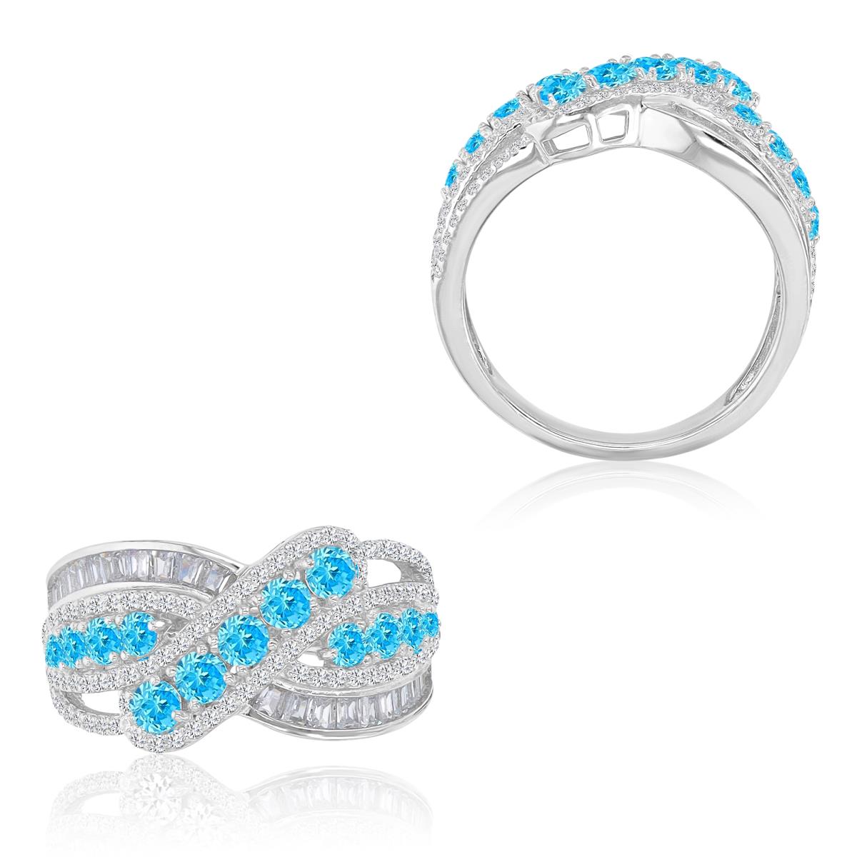 Sterling Silver Rhodium 11.5mm Round & Baguette Light Blue & White CZ Crossover Fashion Ring