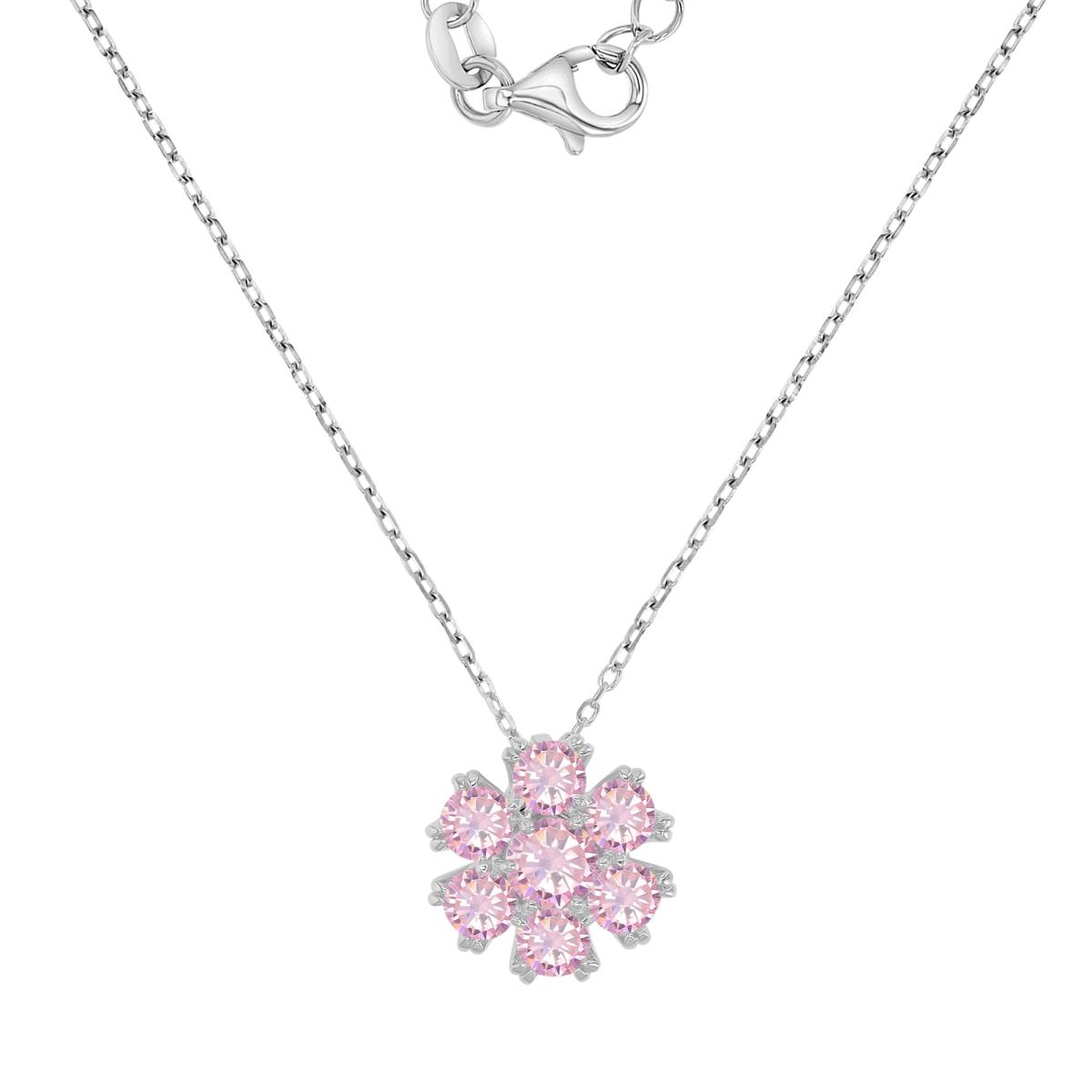 Sterling Silver Rhodium 13.5MM Pink CZ Flower 16+2" Necklace