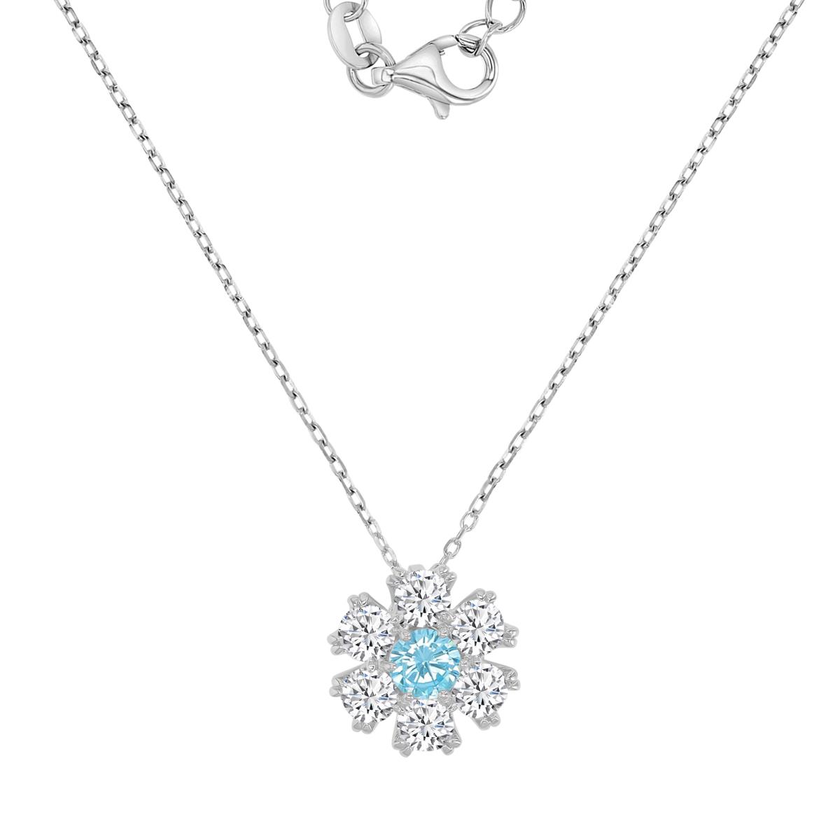 Sterling Silver Rhodium 13.5MM Aqua Blue & White CZ Flower 16+2" Necklace