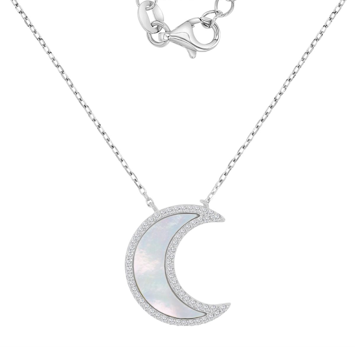 Sterling Silver Rhodium 16.5X20MM White CZ & MOP Moon Crescent 18+2" Necklace