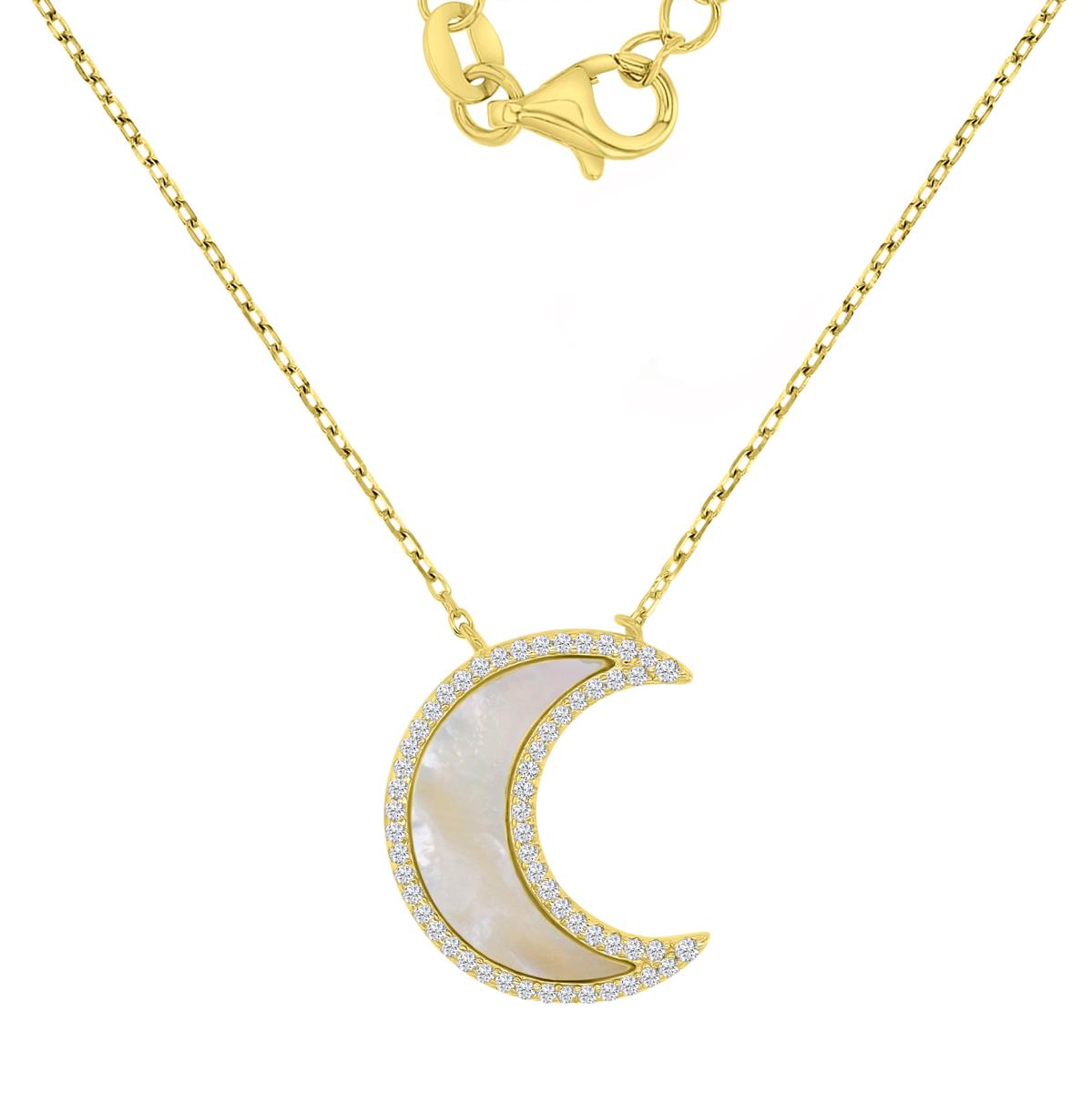 Sterling Silver Yellow 16.5X20MM White CZ & MOP Moon Crescent 18+2" Necklace