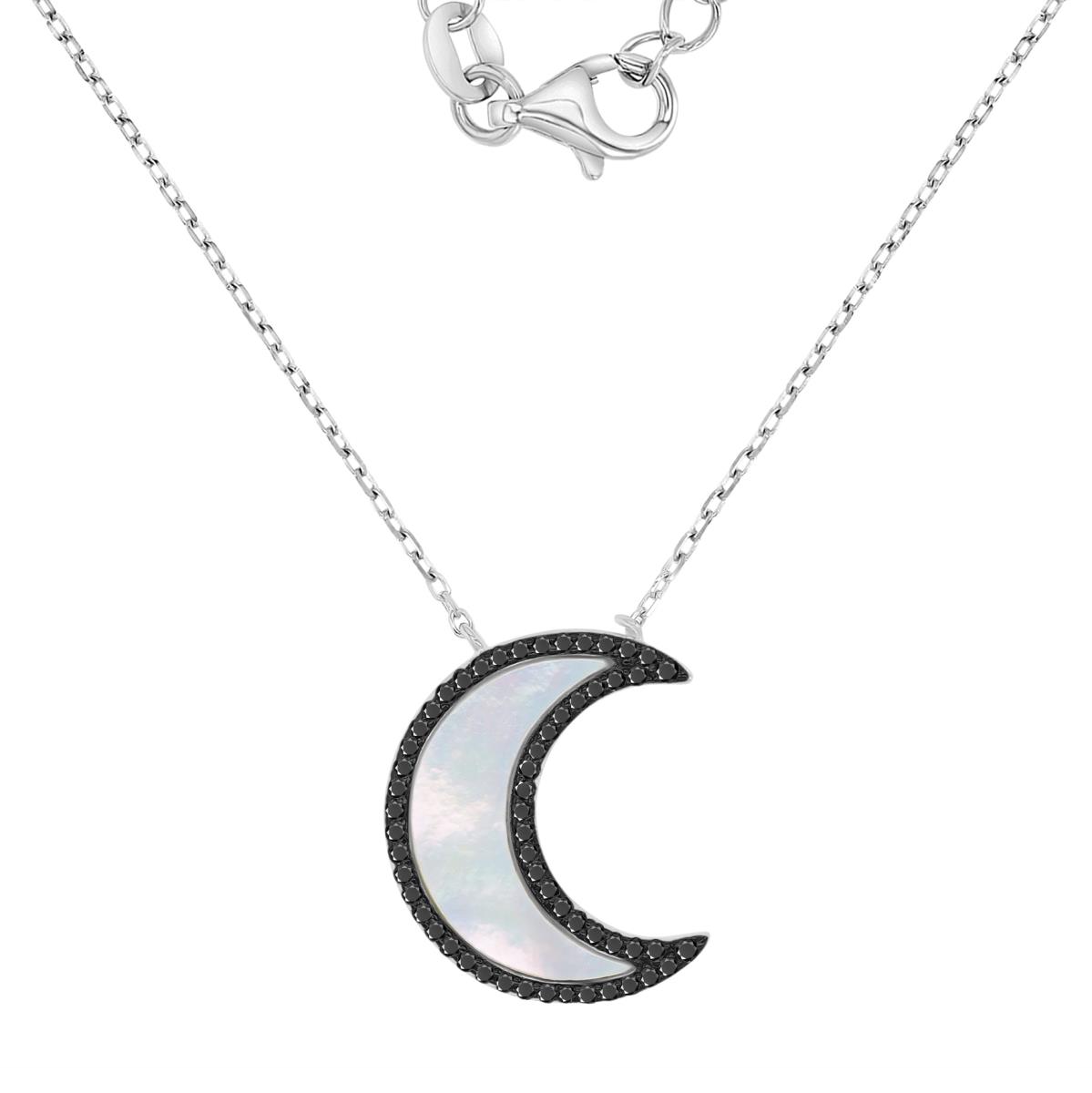 Sterling Silver Rhodium 16.5X20MM Black Spinel & MOP Moon Crescent 18+2" Necklace