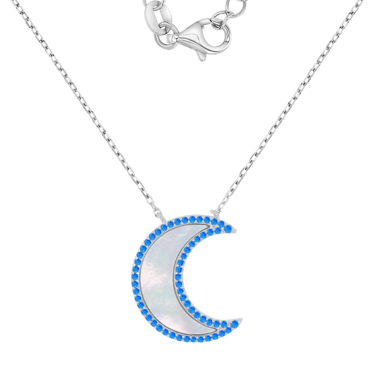 Sterling Silver Rhodium 16.5X20MM Blue Spinel & MOP Moon Crescent 18+2" Necklace