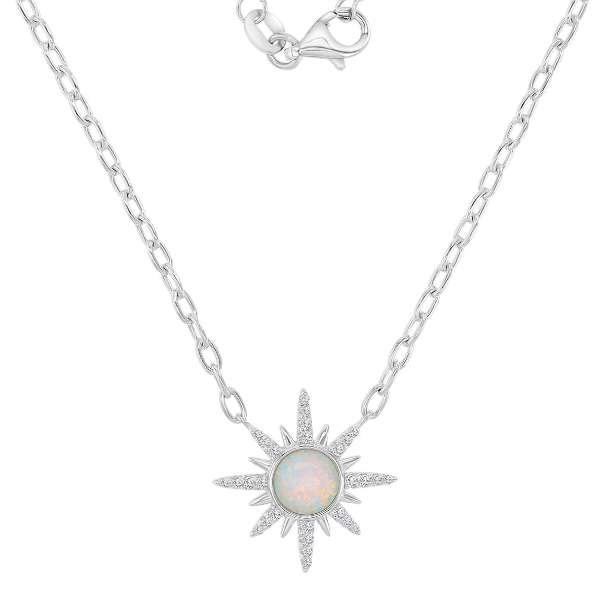 Sterling Silver Rhodium 18.5X18.5MM White CZ & Opal Starburst 18+2" Necklace